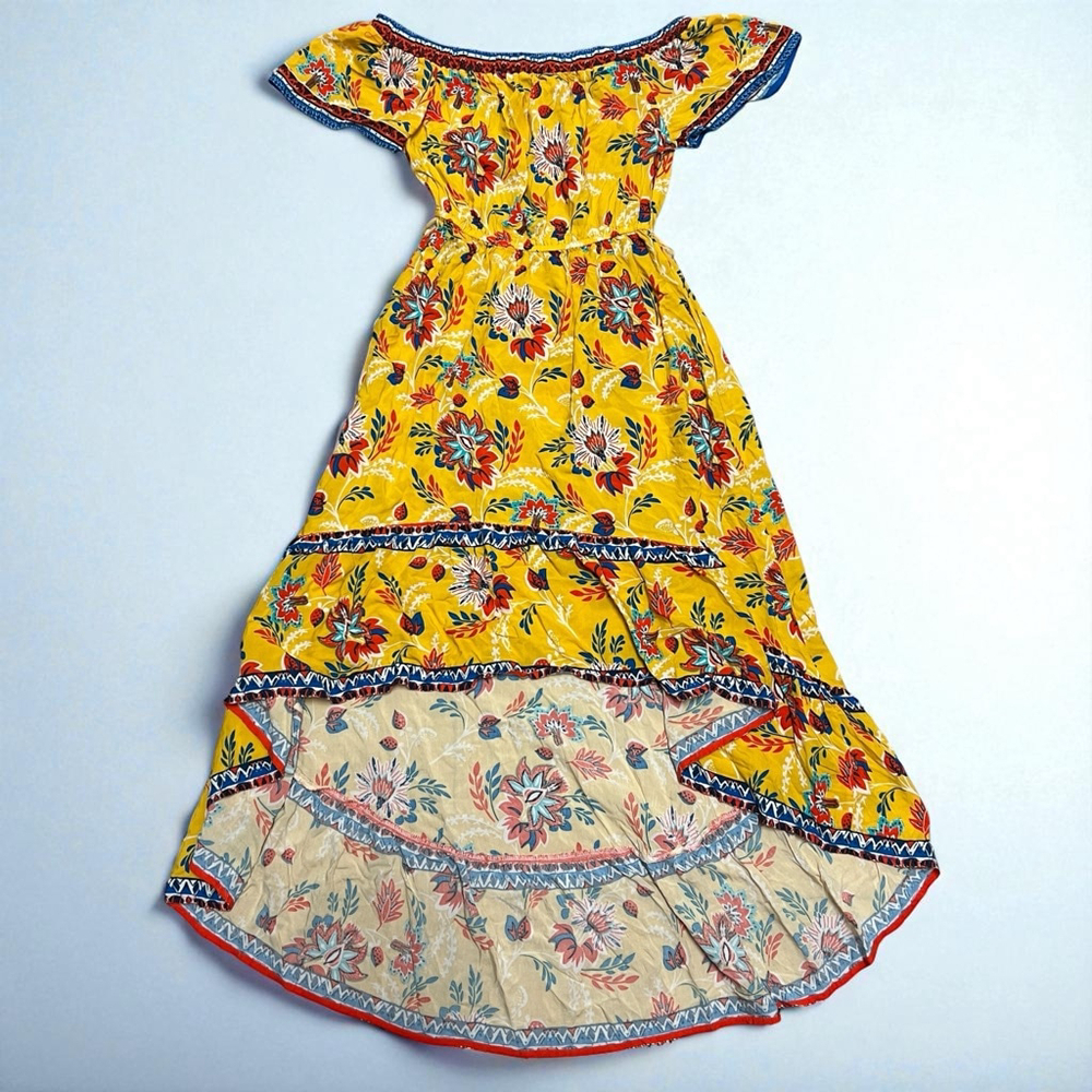 Flying Tomato Yellow Floral Boho Maxi Dress Women’s Size Small Off Shoulder Peas